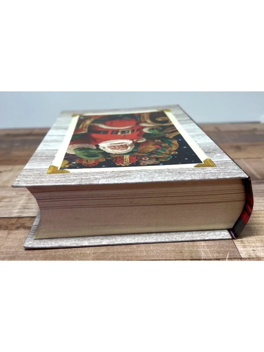 Decorative Christmas Santa Book-Shaped Storage Box With Plaid Interior